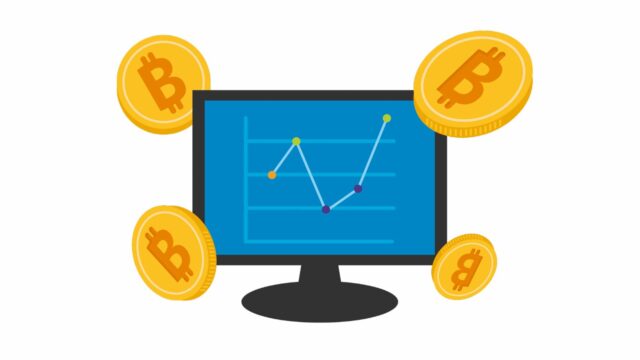 パソコンの価格変動チャートと仮想通貨のイラスト